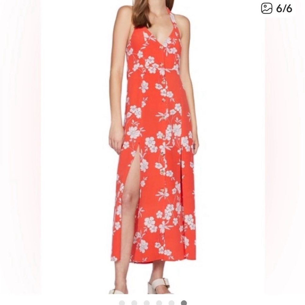 Sanctuary Red Floral Halter Maxi Dress side slit button up flirty feminine 8 EUC